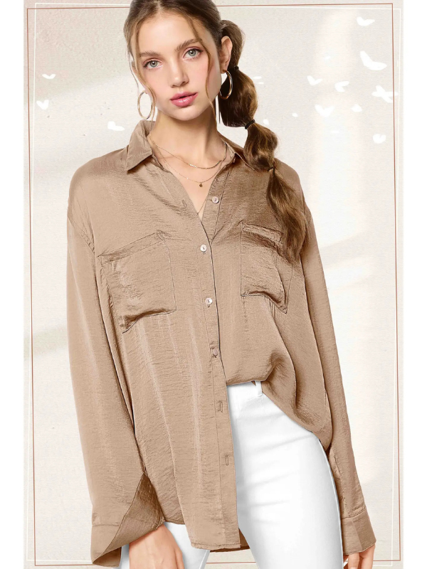 Taupe Satin Button Down
