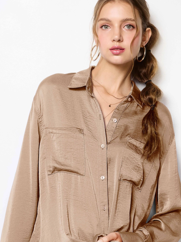 Taupe Satin Button Down