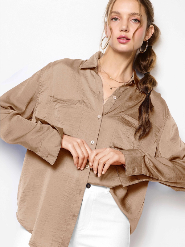 Taupe Satin Button Down