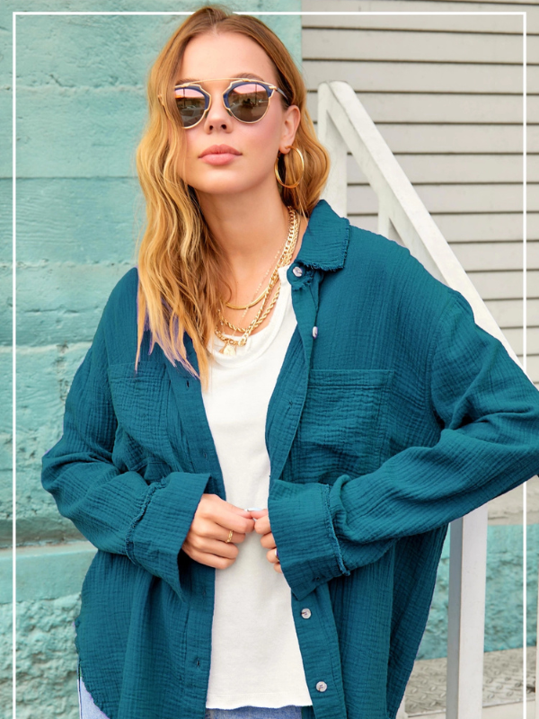 Teal Gauze Button Down Shirt