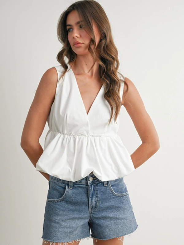 White Bubble Hem Peplum Top
