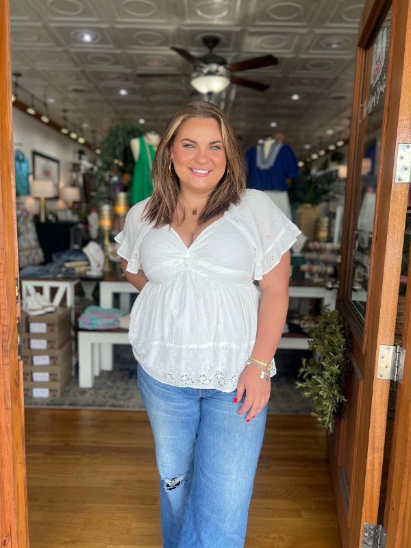 White Eyelet Twist Front Top