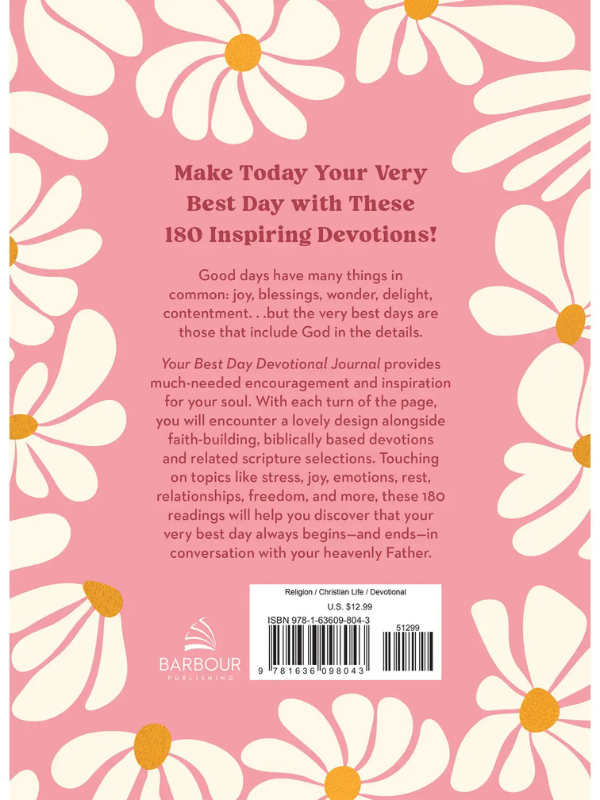 Back cover of a devotional book with floral design and text on a pink background