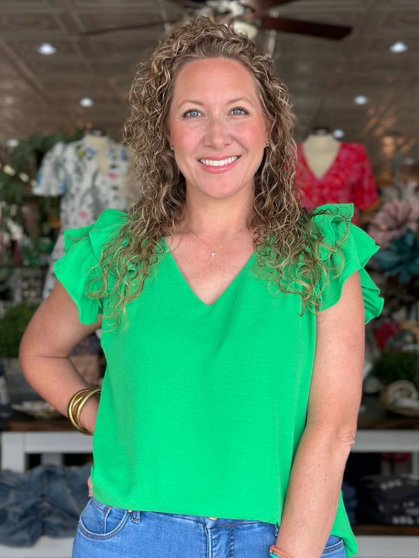 Apple Green Ruffle Sleeve V-Neck Top