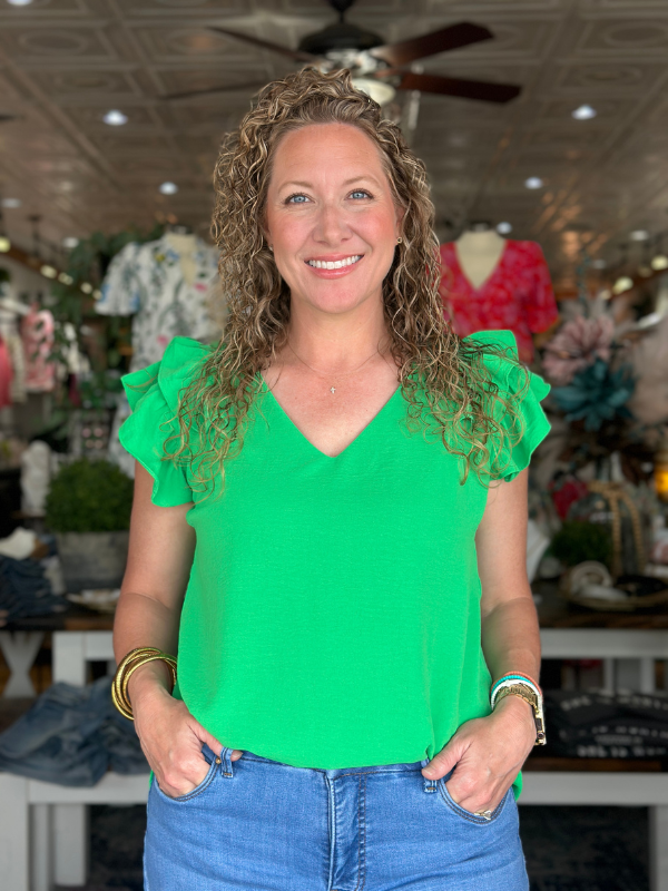 Apple Green Ruffle Sleeve V-Neck Top