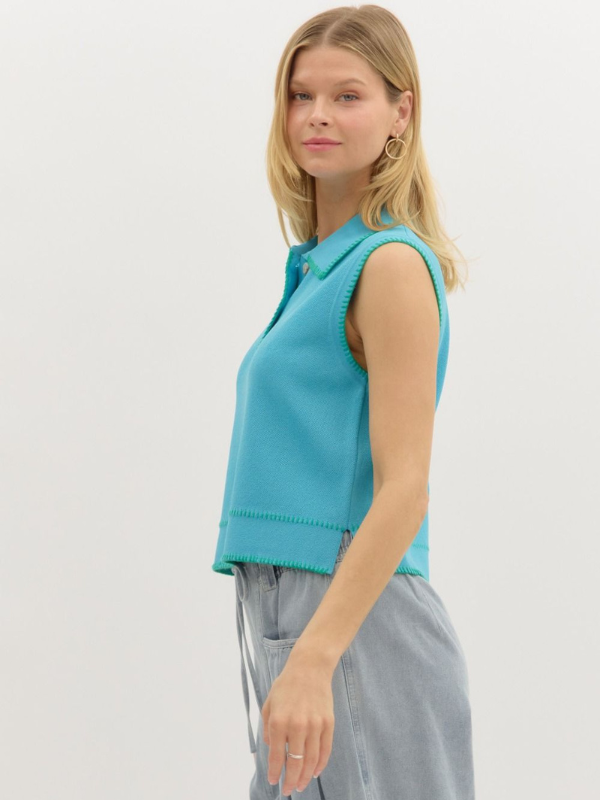 Aqua Knit Sleeveless Collared Top