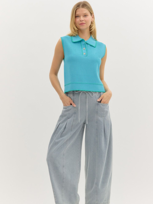 Aqua Knit Sleeveless Collared Top