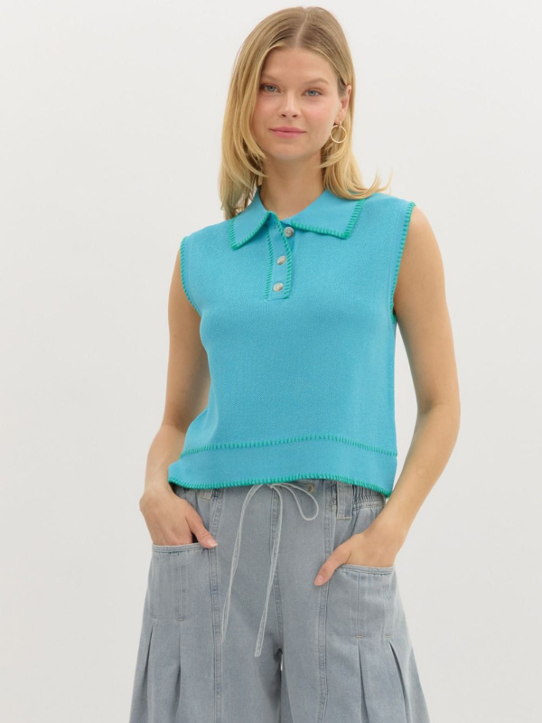 Aqua Knit Sleeveless Collared Top