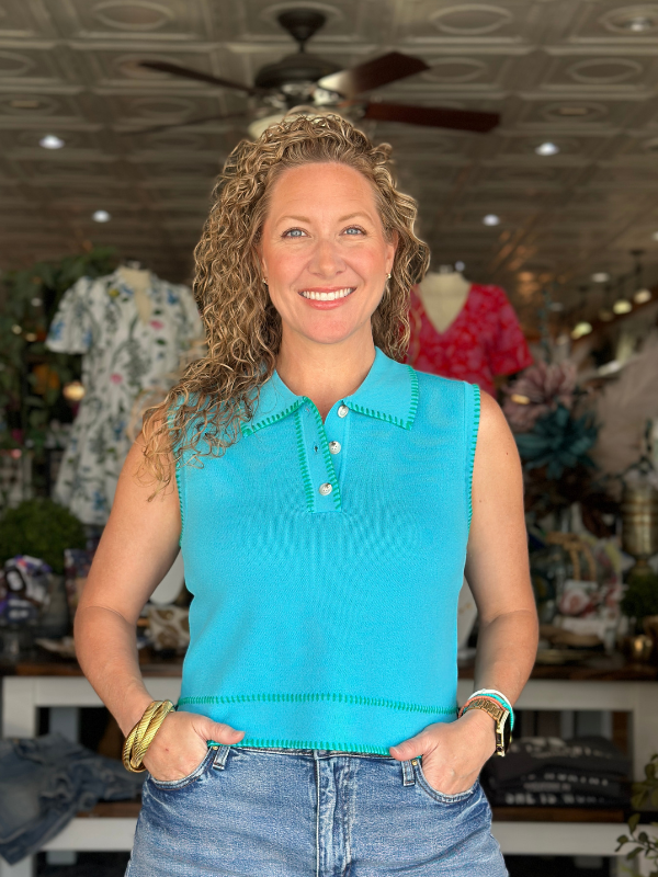 Aqua Knit Sleeveless Collared Top