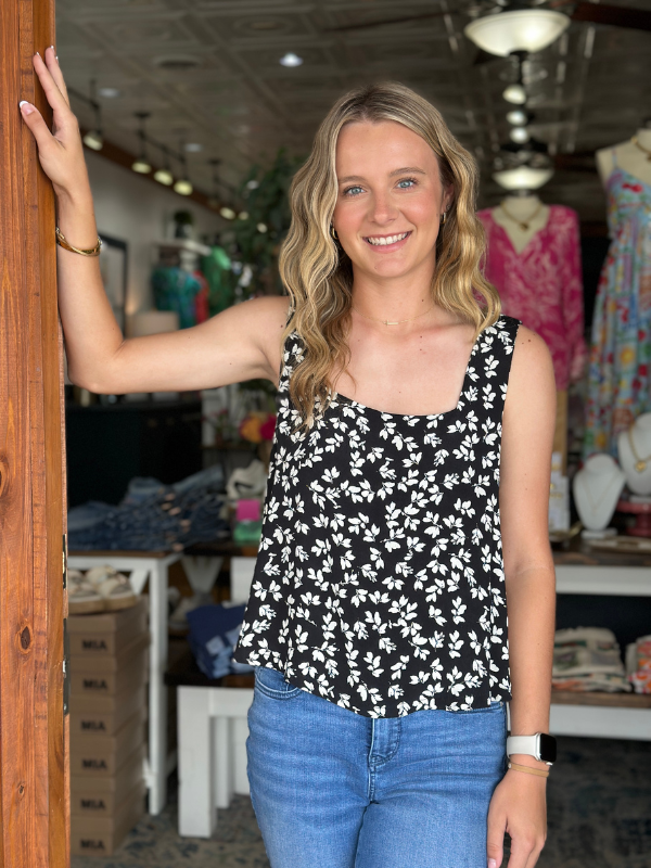 Black Floral Boxy Crop Tank