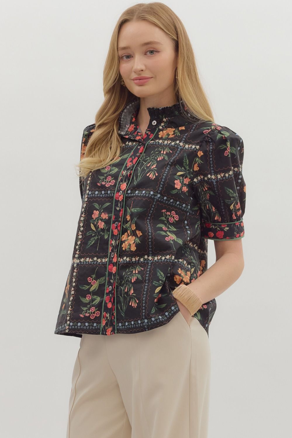Black Floral Ruffle Neck Button Up Top