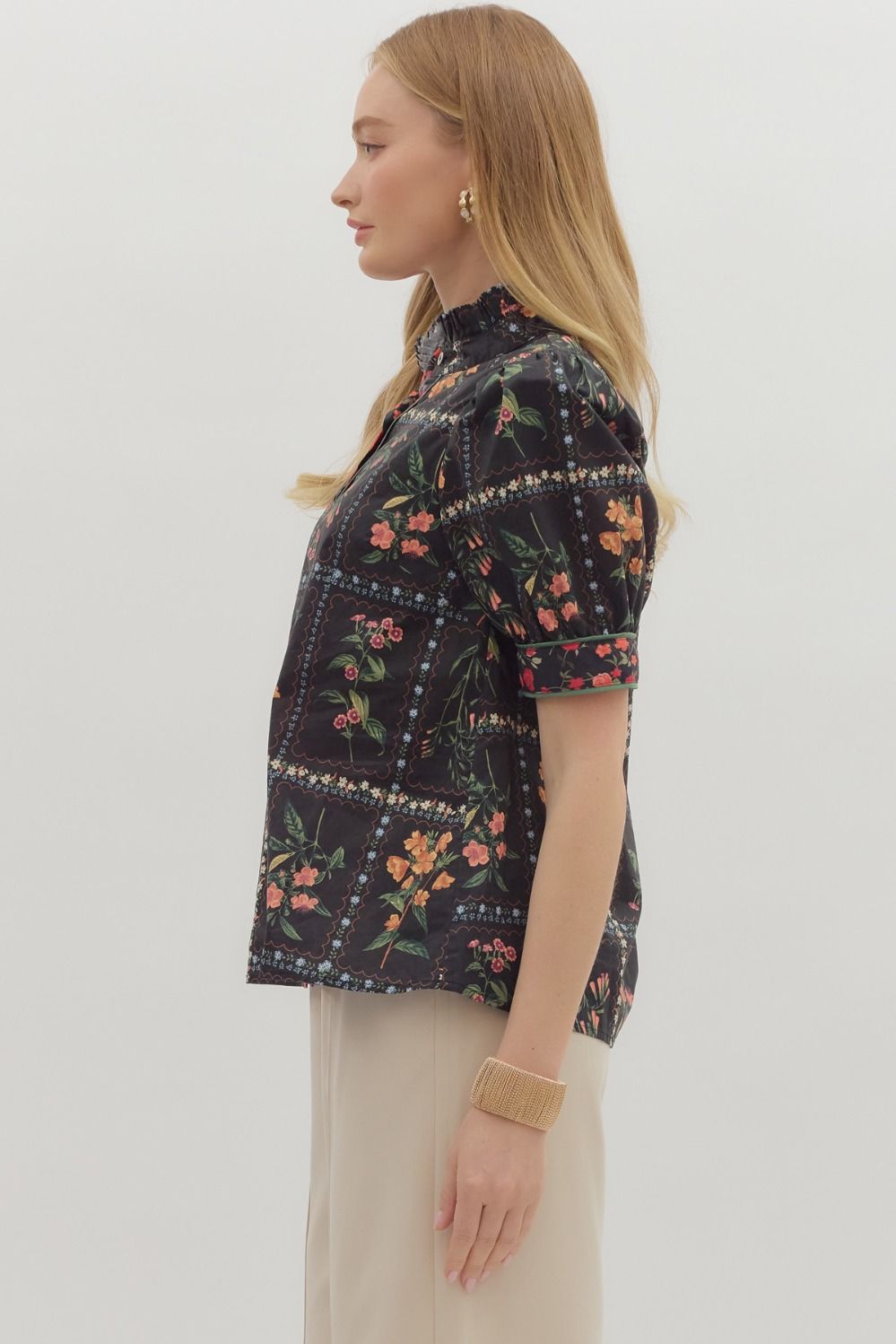 Black Floral Ruffle Neck Button Up Top