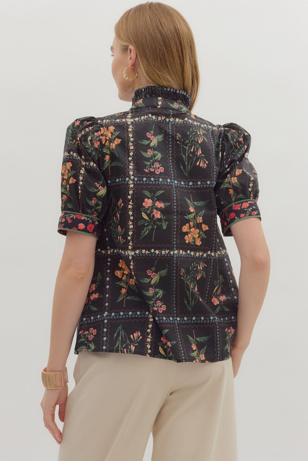 Black Floral Ruffle Neck Button Up Top