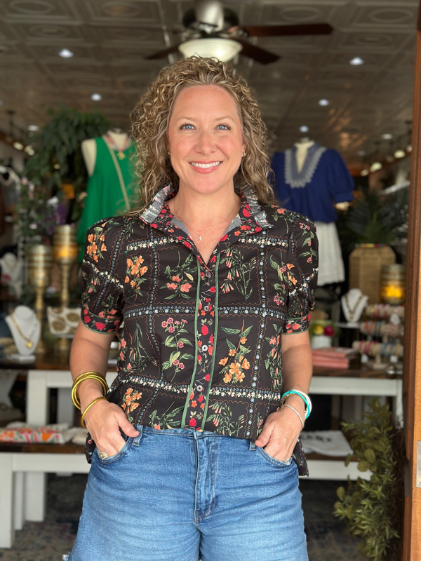 Black Floral Ruffle Neck Button Up Top