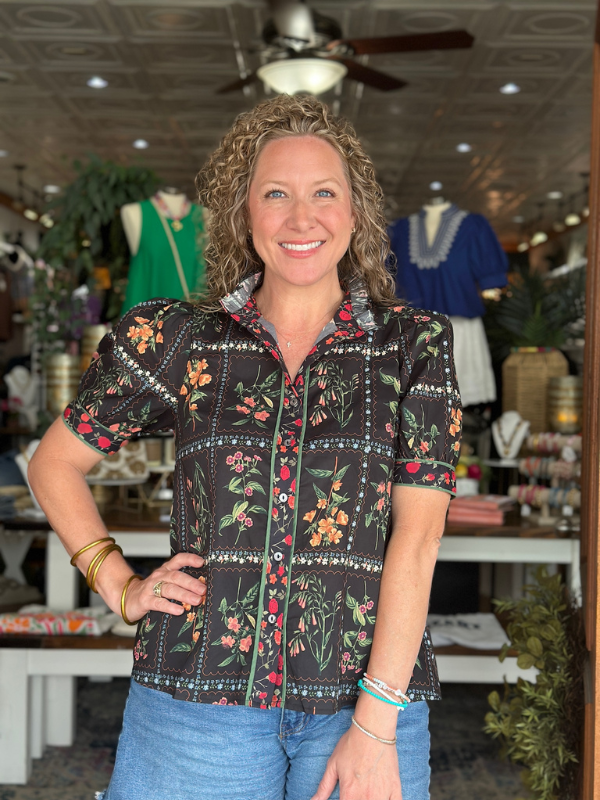 Black Floral Ruffle Neck Button Up Top