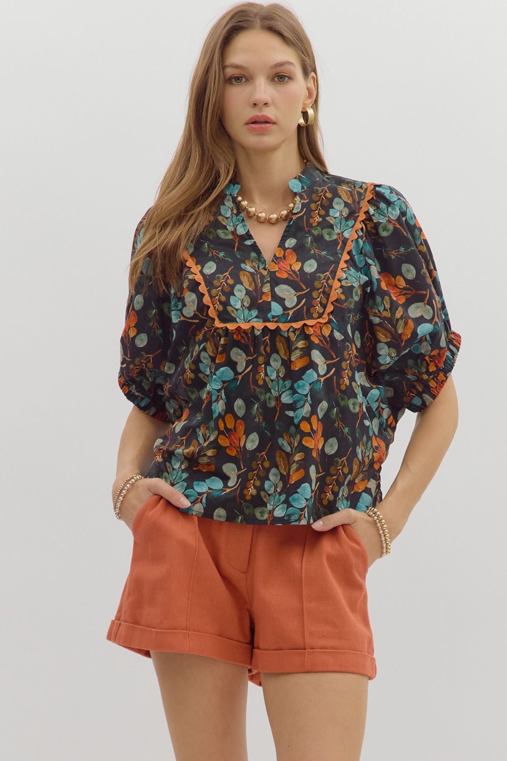 Black Floral V Neck Dolman Sleeve Top