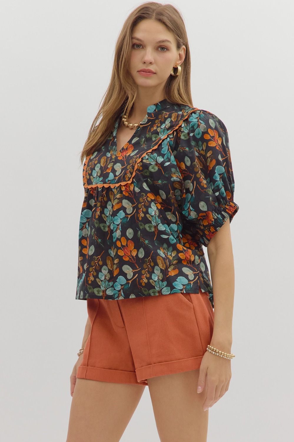 Black Floral V Neck Dolman Sleeve Top