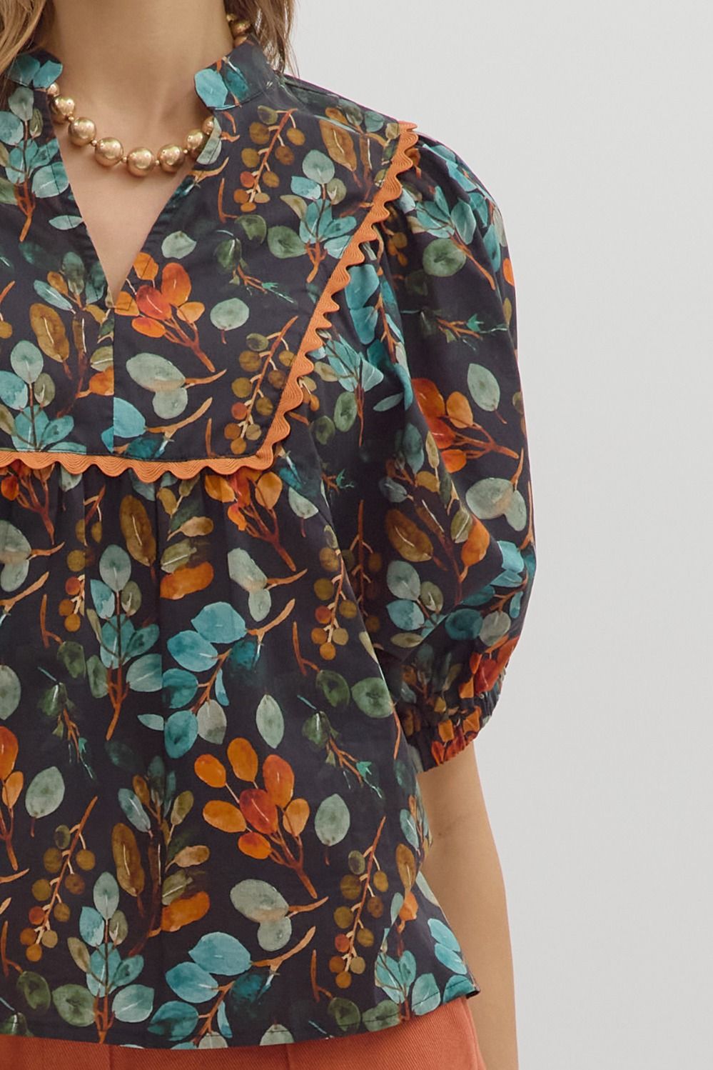 Black Floral V Neck Dolman Sleeve Top