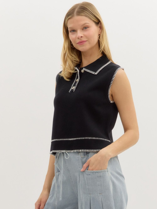 Black Knit Sleeveless Collared Top