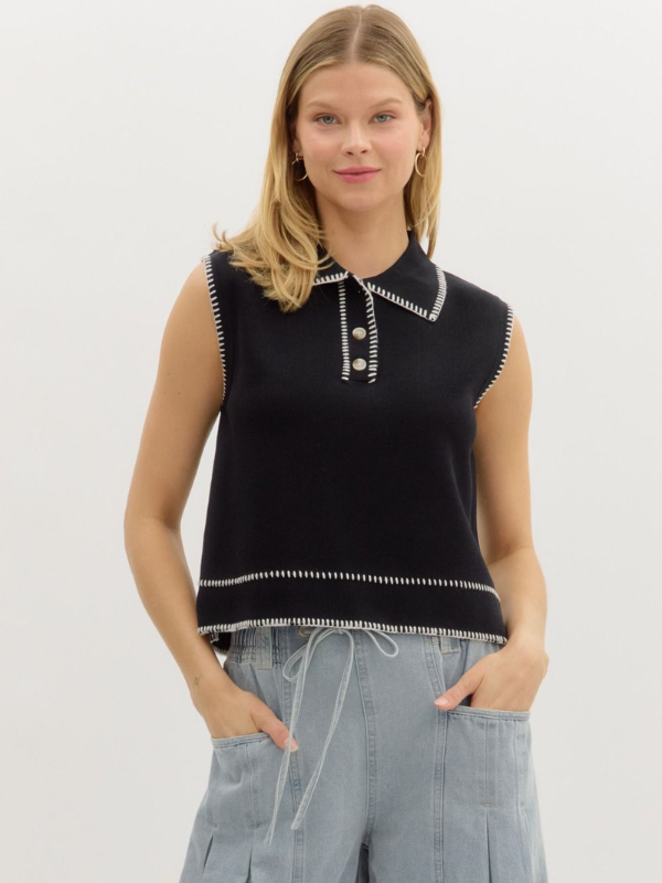Black Knit Sleeveless Collared Top