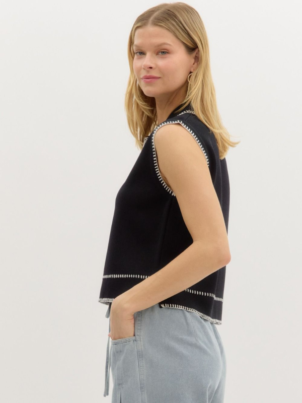 Black Knit Sleeveless Collared Top