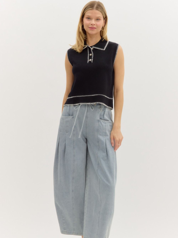 Black Knit Sleeveless Collared Top