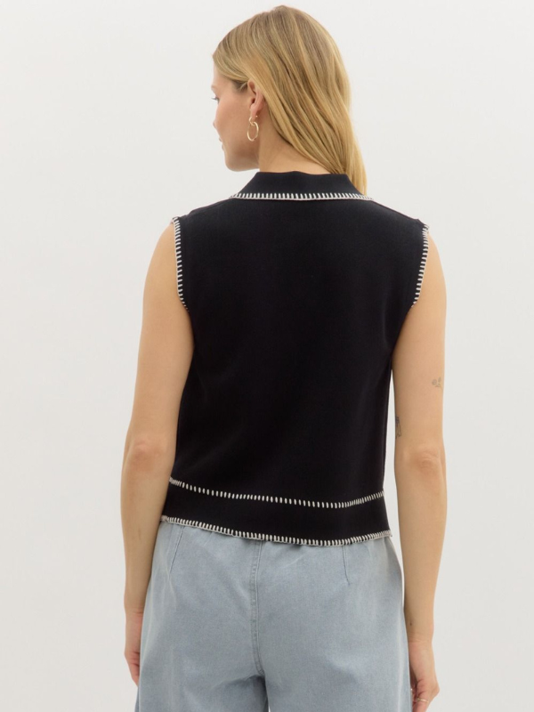 Black Knit Sleeveless Collared Top