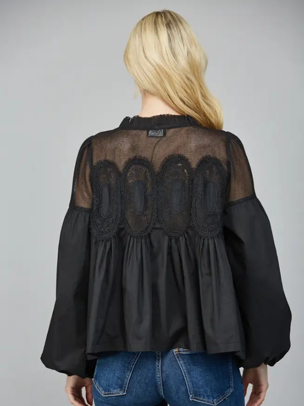 Black Lace Applique Long Sleeve Blouse