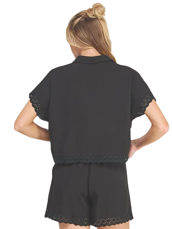 Black Linen Blend Eyelet Top
