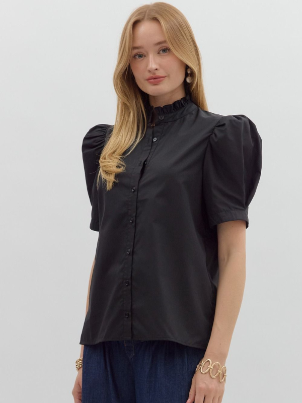 Black Short Puff Sleeve Button Up Top