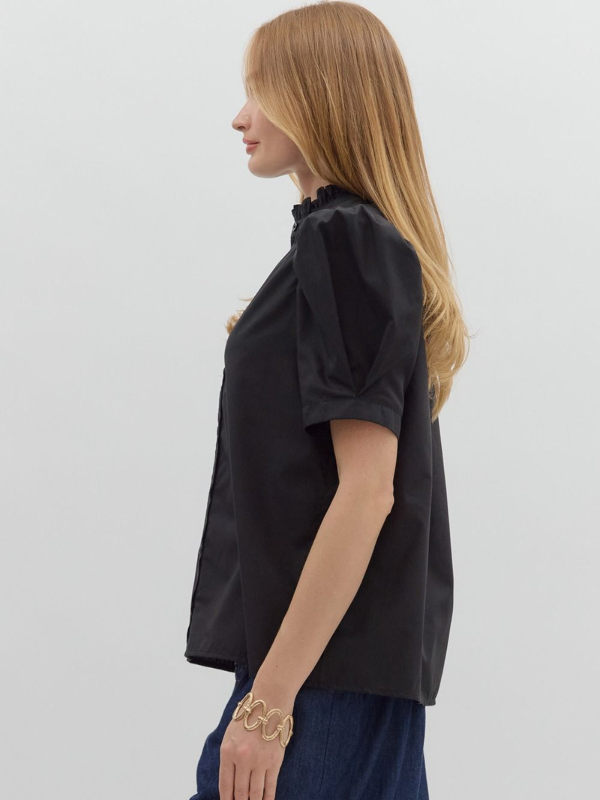 Black Short Puff Sleeve Button Up Top