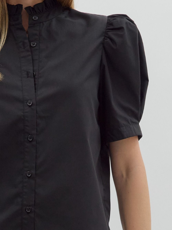 Black Short Puff Sleeve Button Up Top