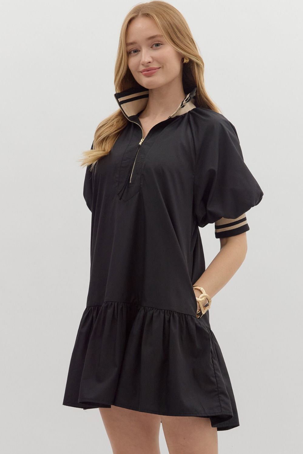 Black Puff Sleeve Ruffle Hem Dress