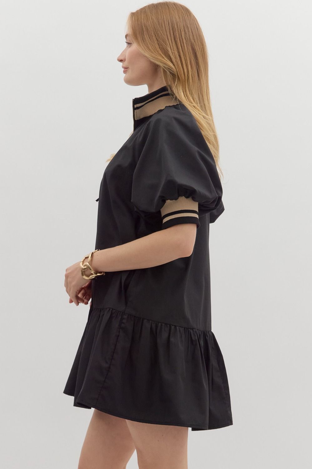 Black Puff Sleeve Ruffle Hem Dress