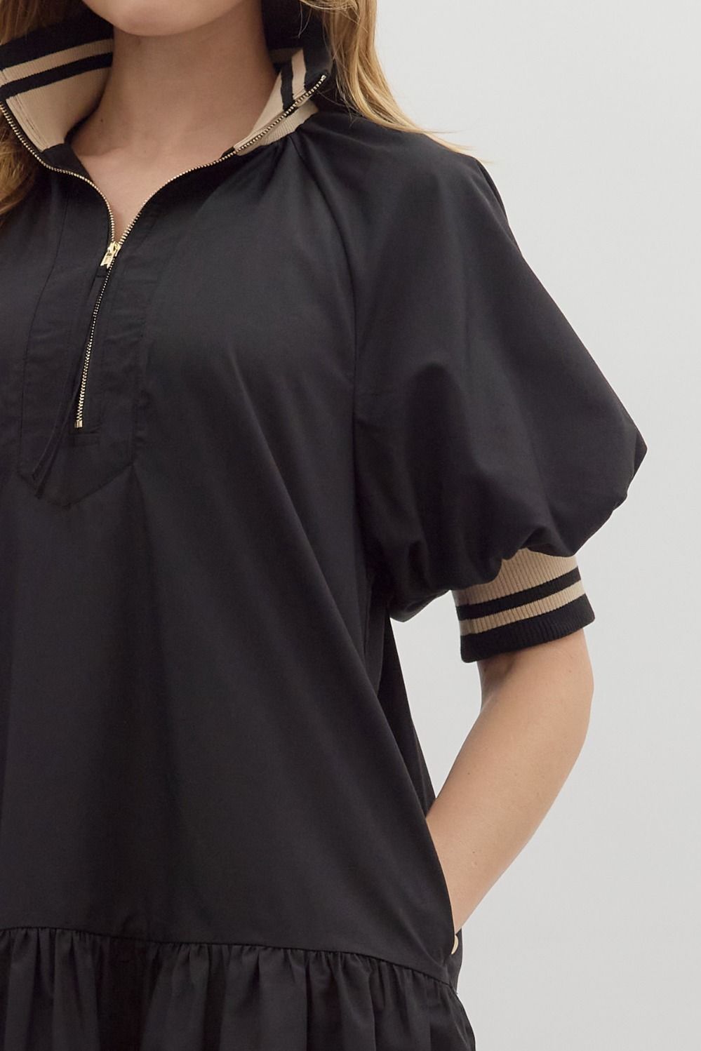 Black Puff Sleeve Ruffle Hem Dress