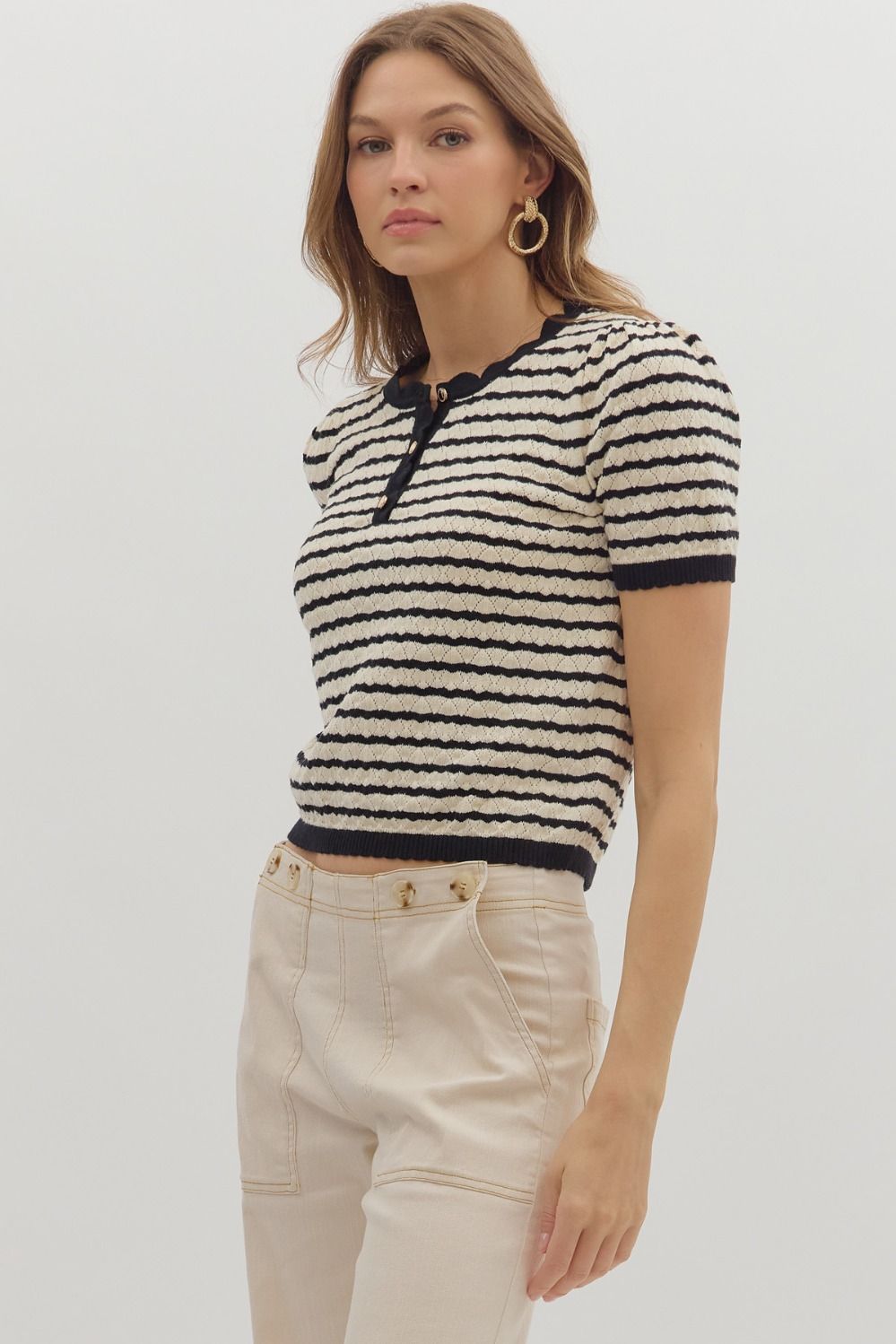Black Stripe Short Sleeve Knit Sweater