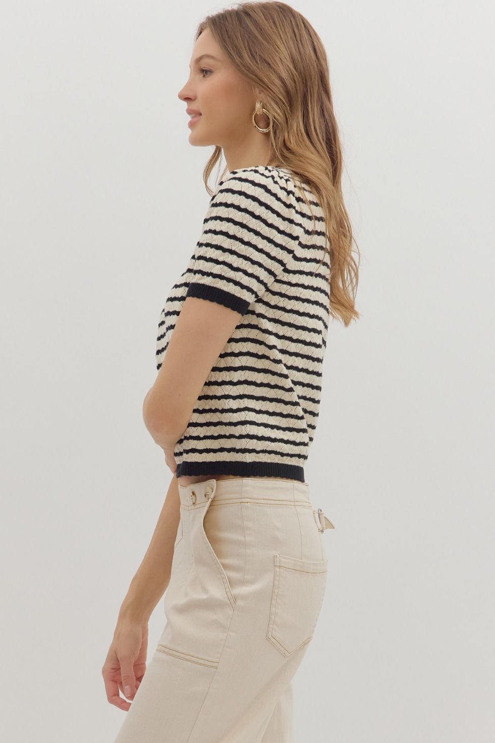 Black Stripe Short Sleeve Knit Sweater
