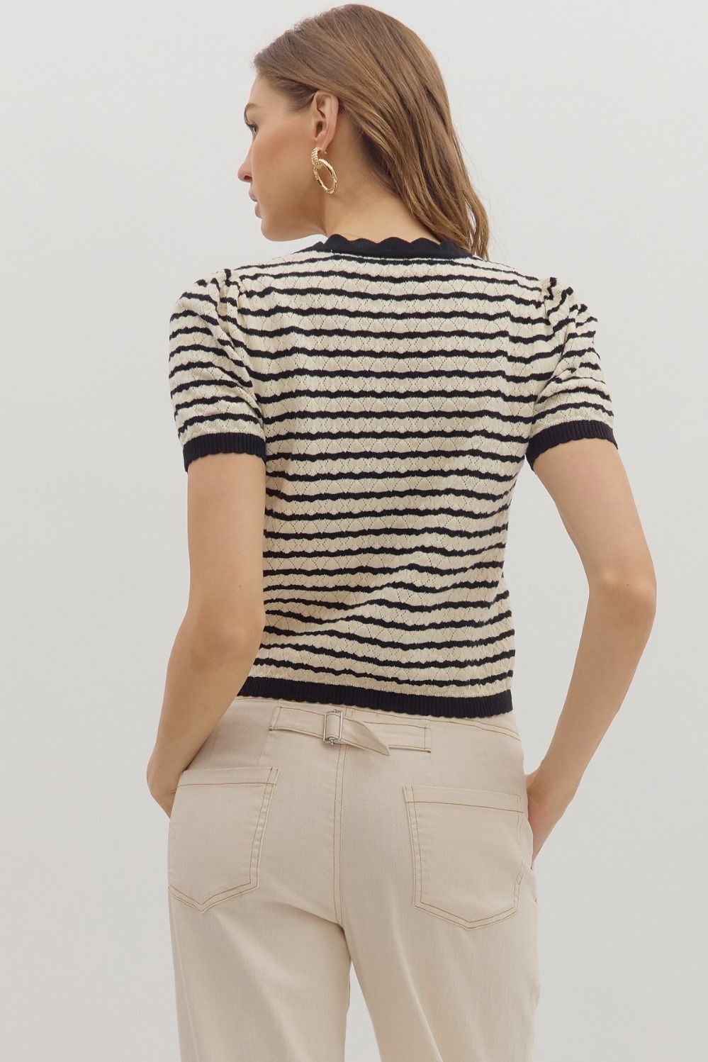 Black Stripe Short Sleeve Knit Sweater