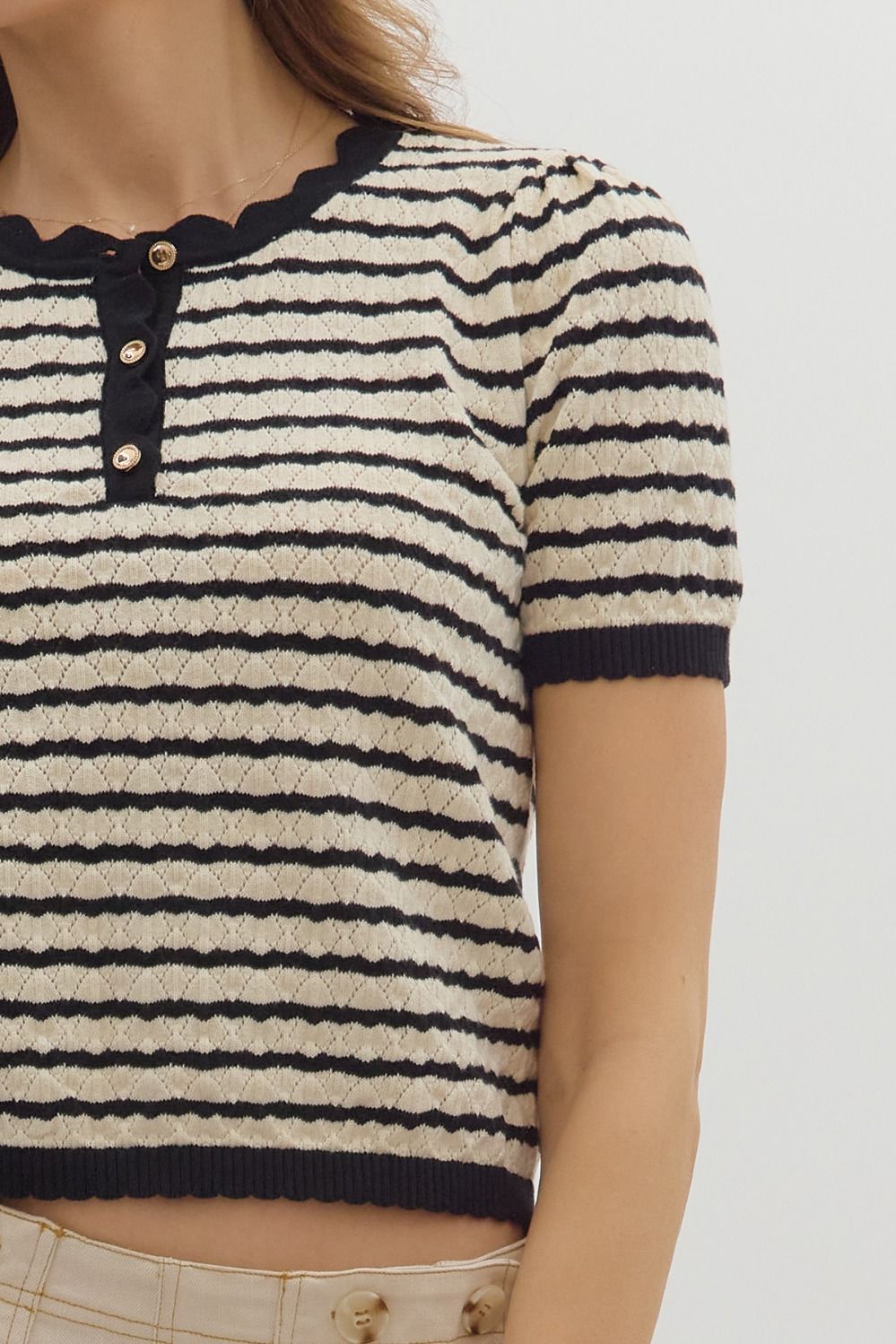 Black Stripe Short Sleeve Knit Sweater