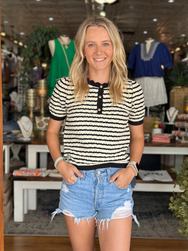 Black Stripe Short Sleeve Knit Sweater
