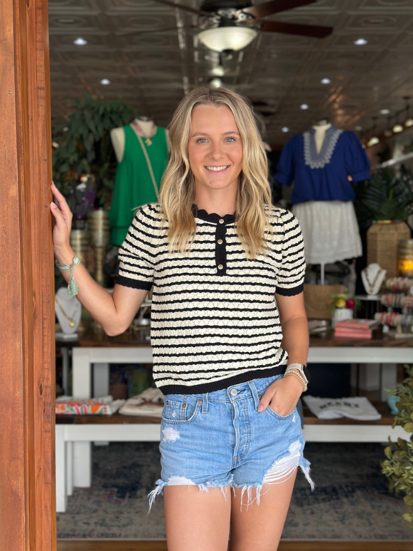 Black Stripe Short Sleeve Knit Sweater