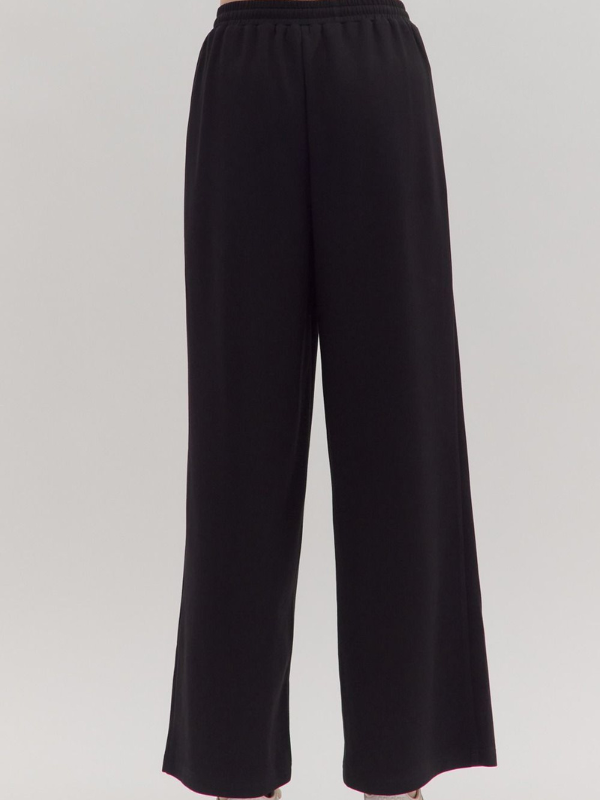 Black wide-leg pants on a light gray background