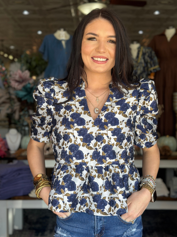 Entro Blue Floral Jacquard Peplum Top L