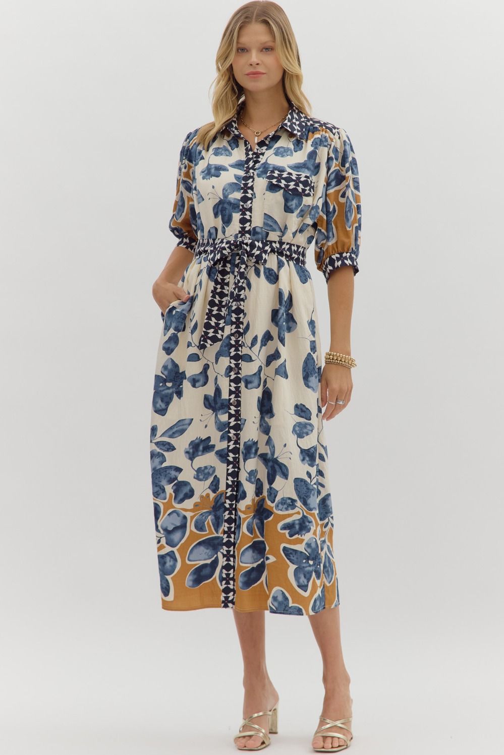 Blue Floral Midi Shirt Dress