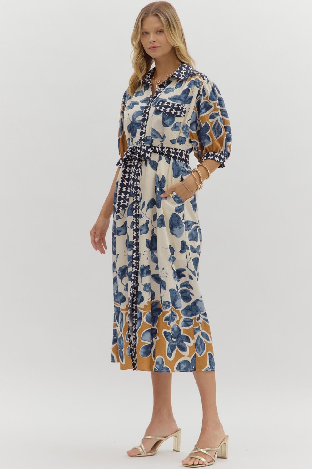 Blue Floral Midi Shirt Dress