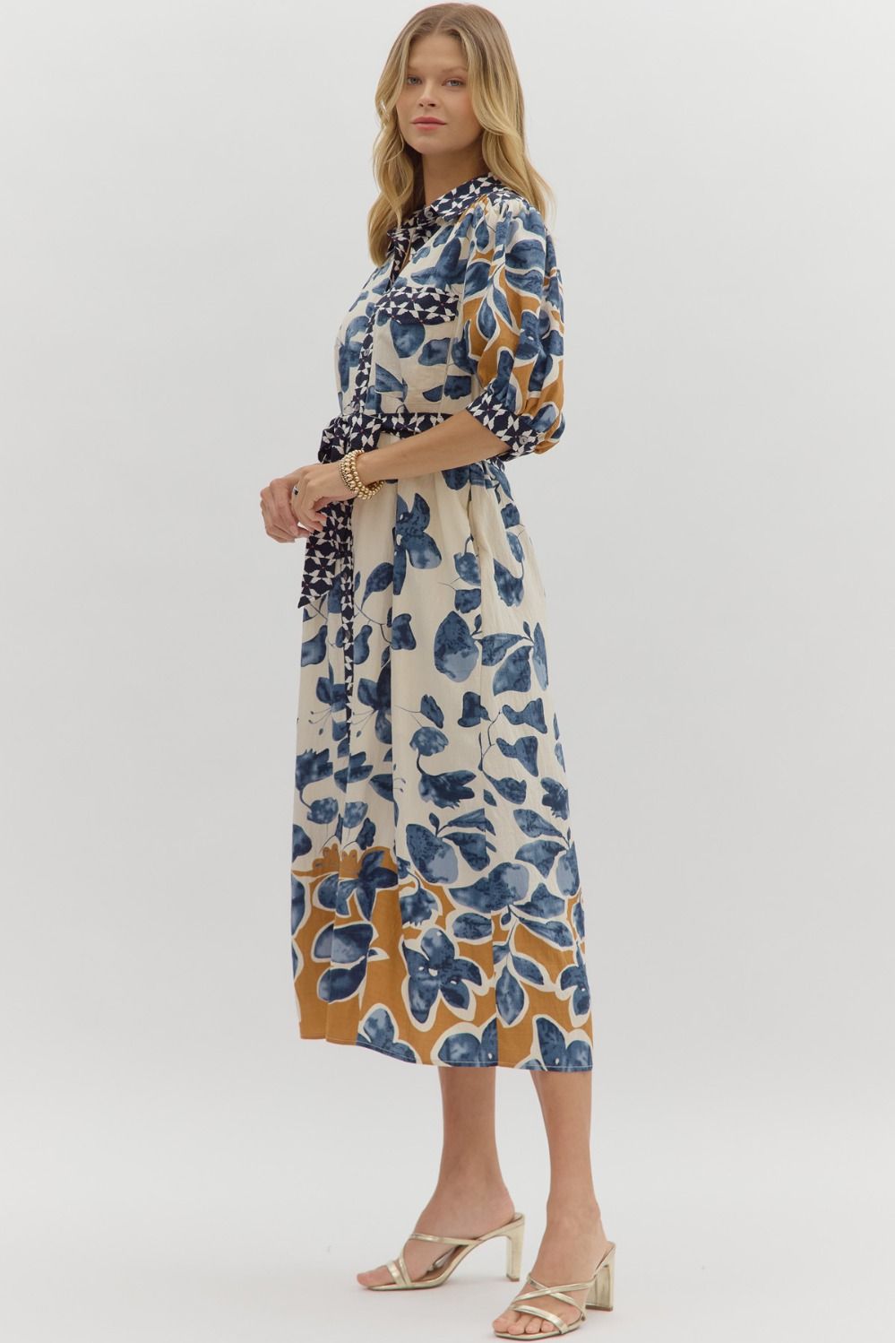 Blue Floral Midi Shirt Dress