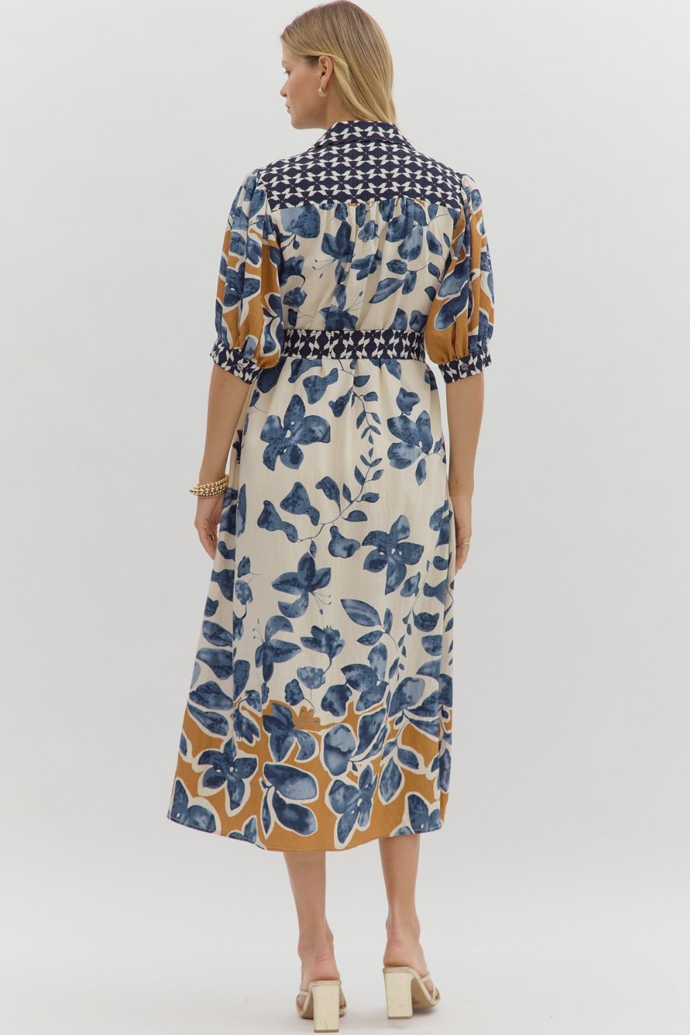Blue Floral Midi Shirt Dress
