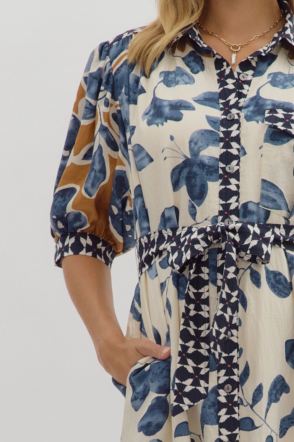 Blue Floral Midi Shirt Dress