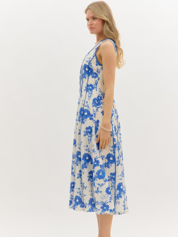 Blue Floral Square Neck Midi Dress