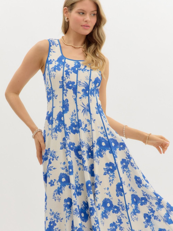 Blue Floral Square Neck Midi Dress